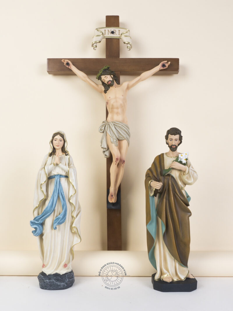 Bộ Tượng Công Giáo Gia Đình Cao Cấp 35cm – Chúa Chịu Nạn, Đức Mẹ Lộ Đức, Thánh Giuse Thợ - Chất Liệu Polystone, vẽ thủ công